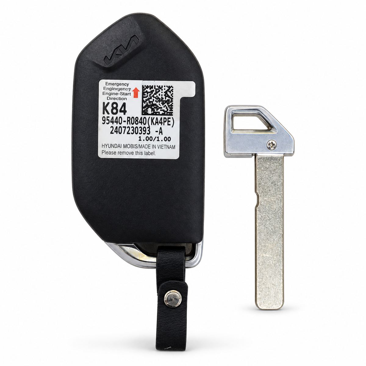 Back of Grade A refurbished Kia smart key fob 95440-R0840 with separate emergency key blade.