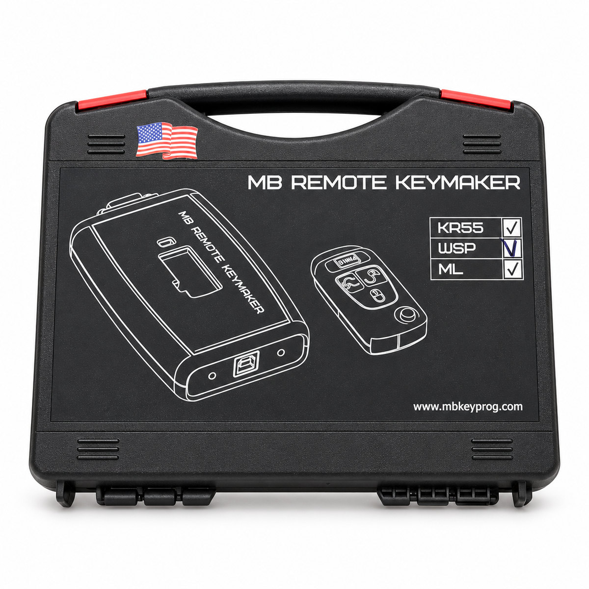 Closed MB Remote Keymaker protective carrying case marked KR55, WSP and ML.