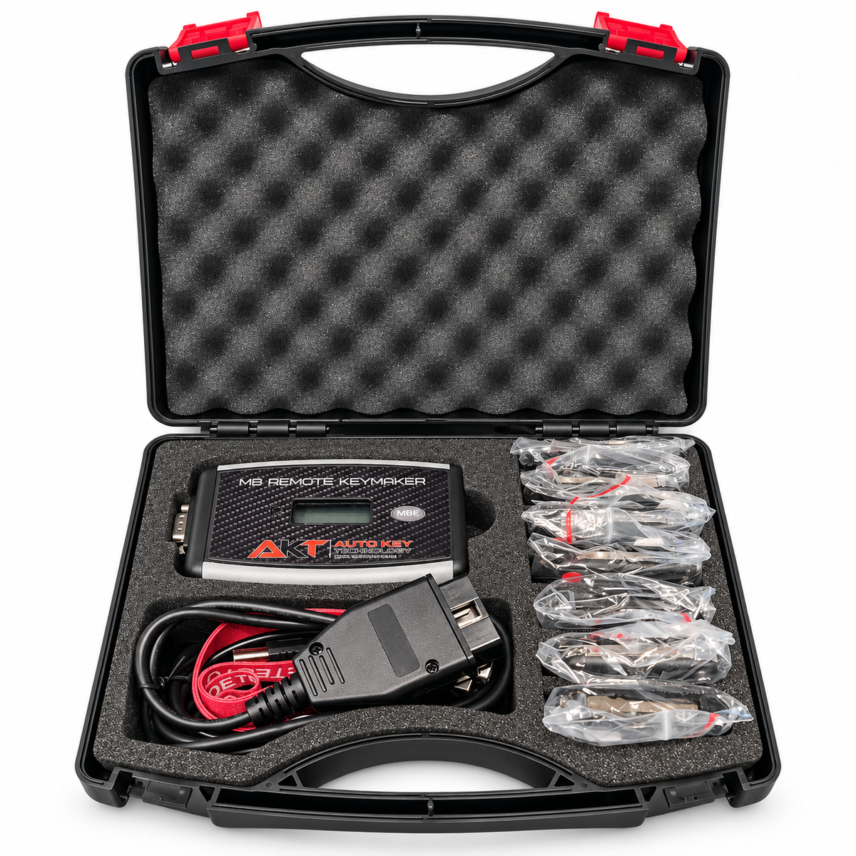 AKT MB Remote Keymaker kit with programmer, remotes, cables and protective carrying case.